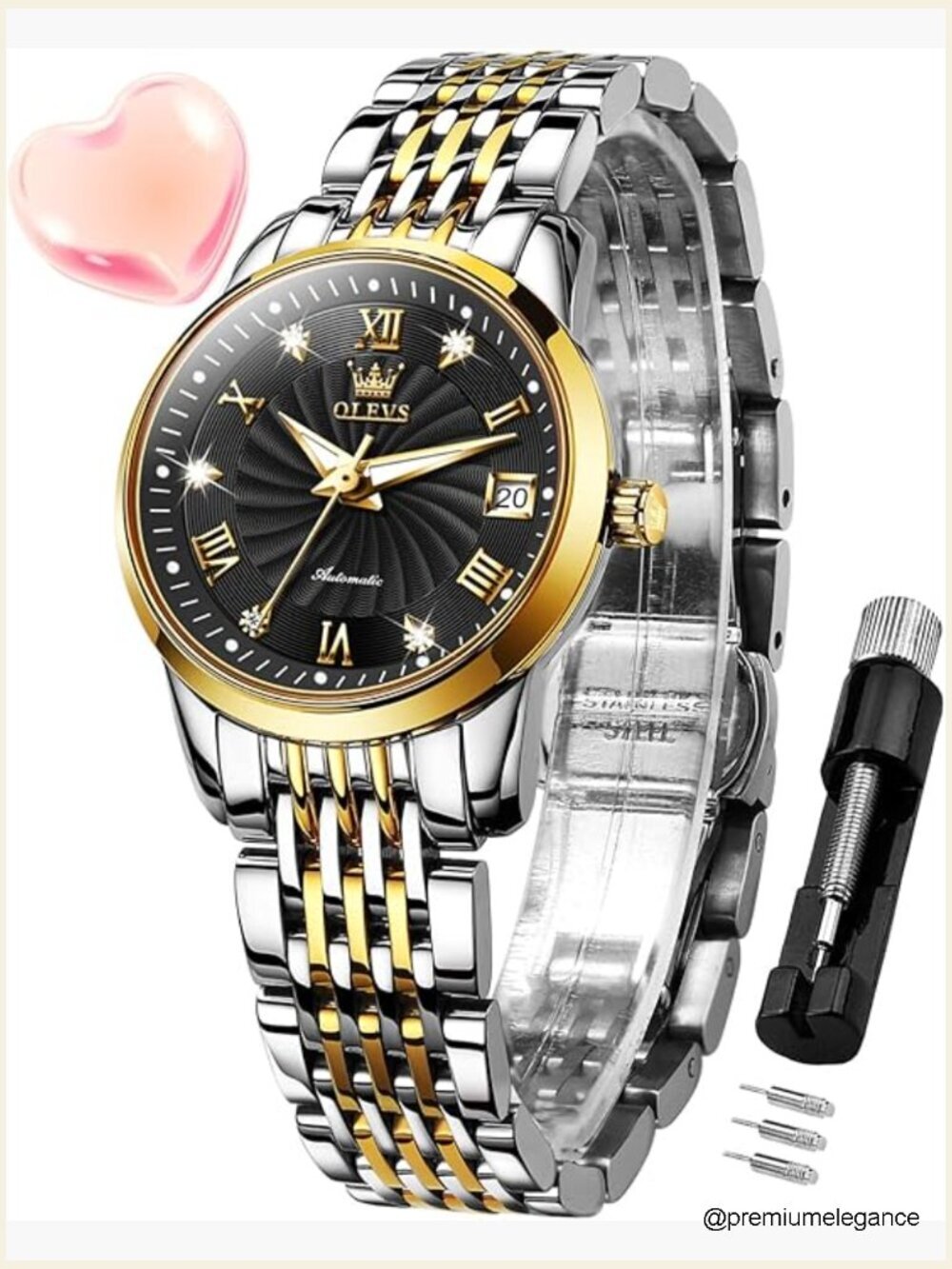 Automatic Diamond Dress Watch with Date Window Luminous Self-Winding